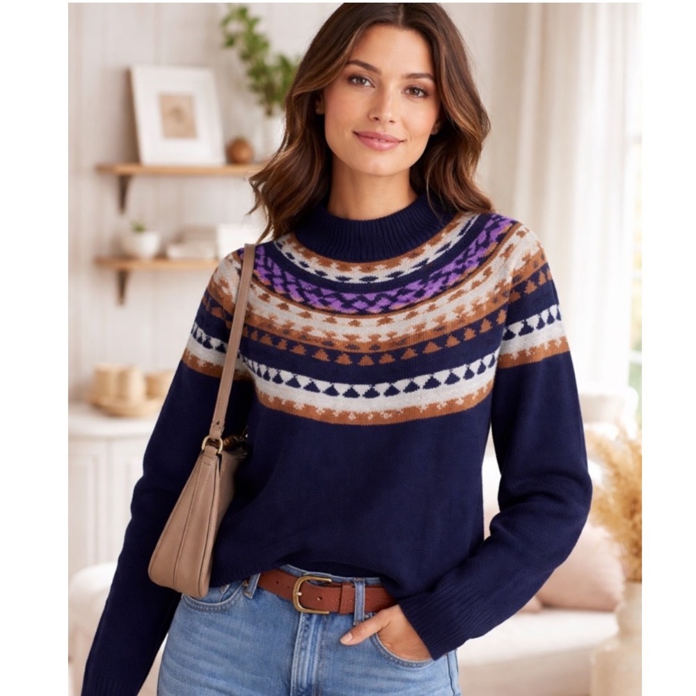 Theory Navy Blue Fair Isle Wool Cashmere Mock Neck Sweater L0811750 Women Size M